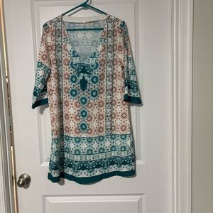 Teal and Brown Patterned Tunic Top-XXL